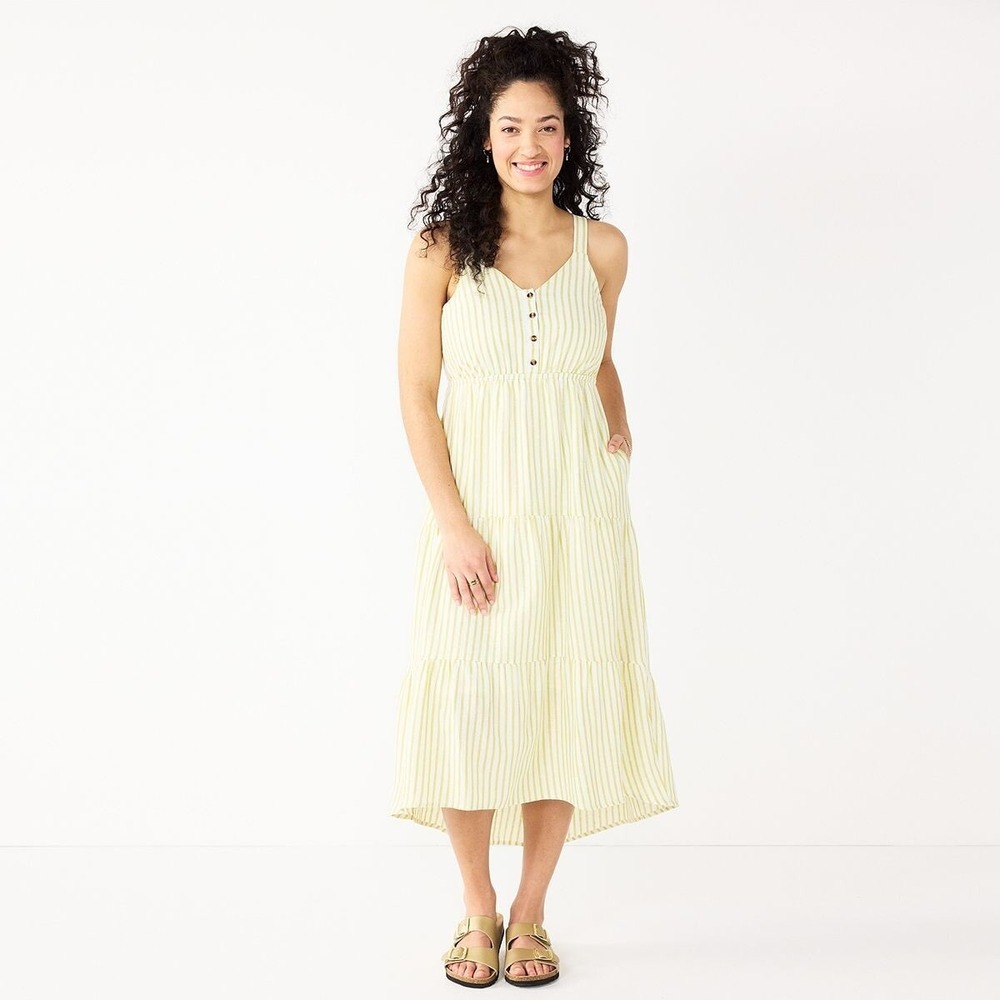 Sonoma Striped Tiered Midi Dress Green‎ White Linen Blend Button Front Size XXL